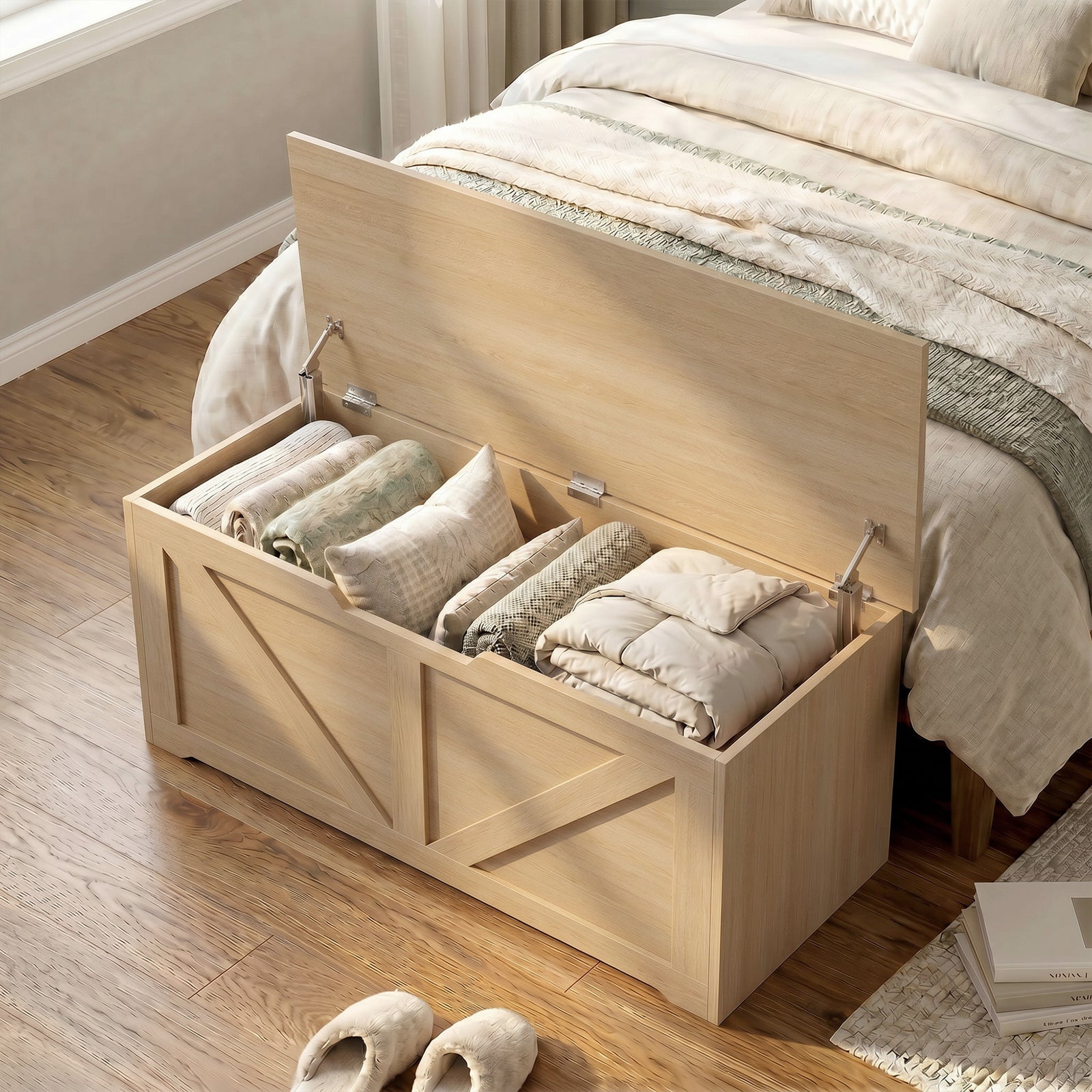 Storage Trunk For Living Room, With Safety Hinges, 100cm | Natural