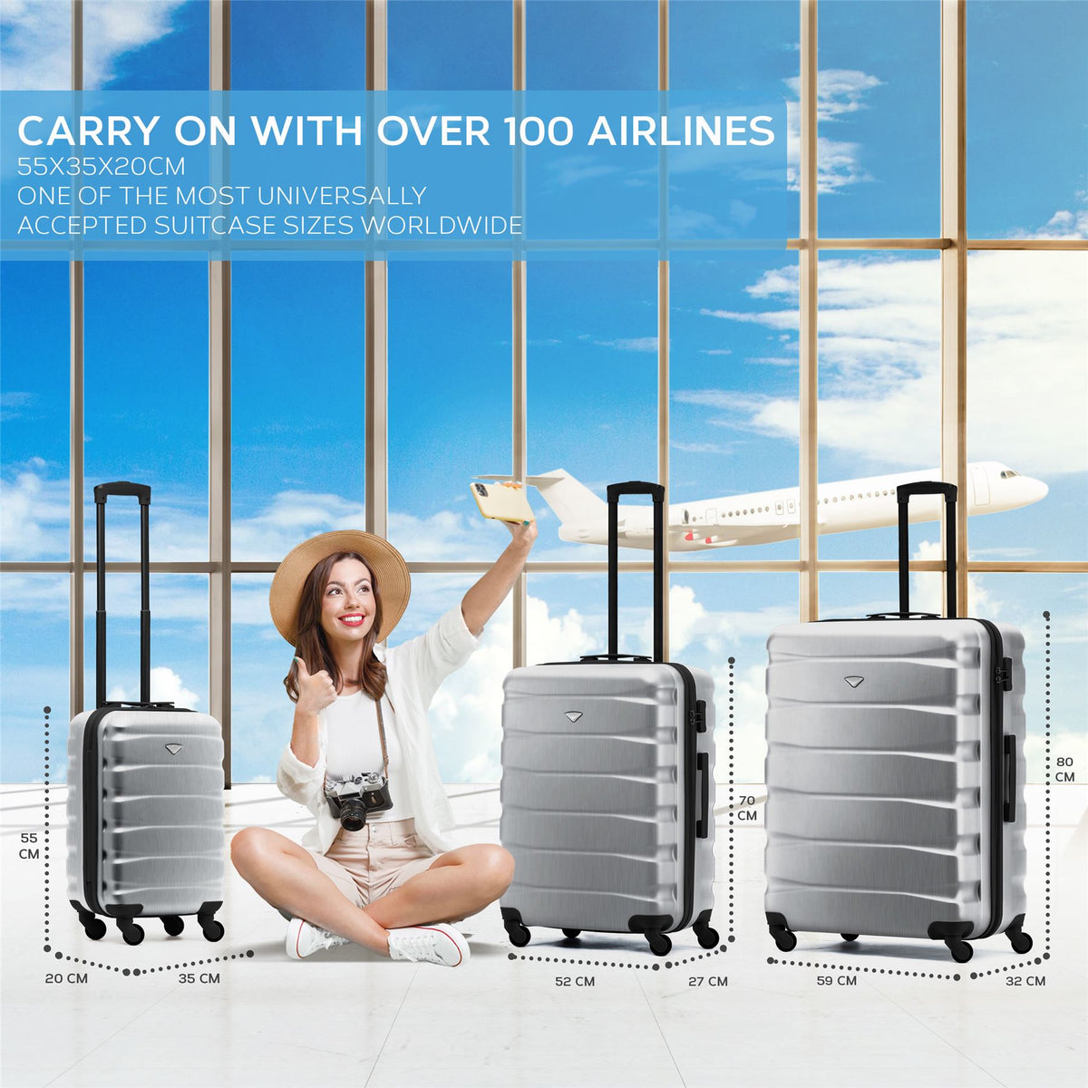 Set Of 3 Hard Shell Suitcase Cabin & Check In Cases With Tsa Lock - Overhead Cabin With Medium & Large Check-in Bag | Set of 3 | Steel