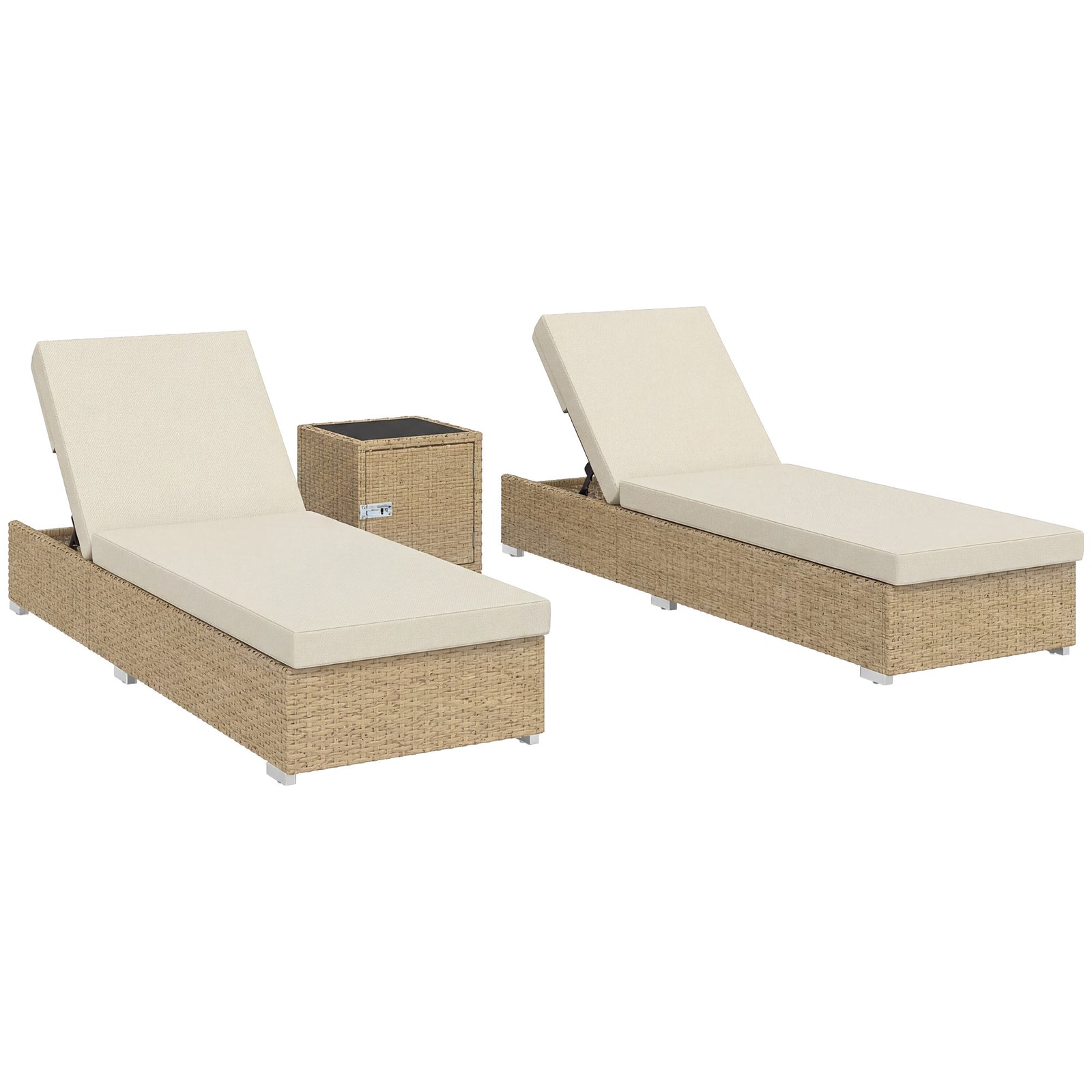 Rattan Sun Loungers Set Of 2 With Side Table | Beige
