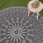 Luxury Outdoor Rug Waterproof Reversible Round For Garden Patio, Black Mandala