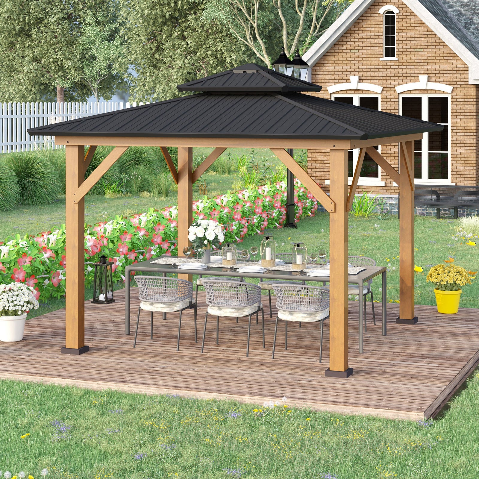 3.5 X 3.5m Wood Frame Hardtop Gazebo W/ Double Vented Roof