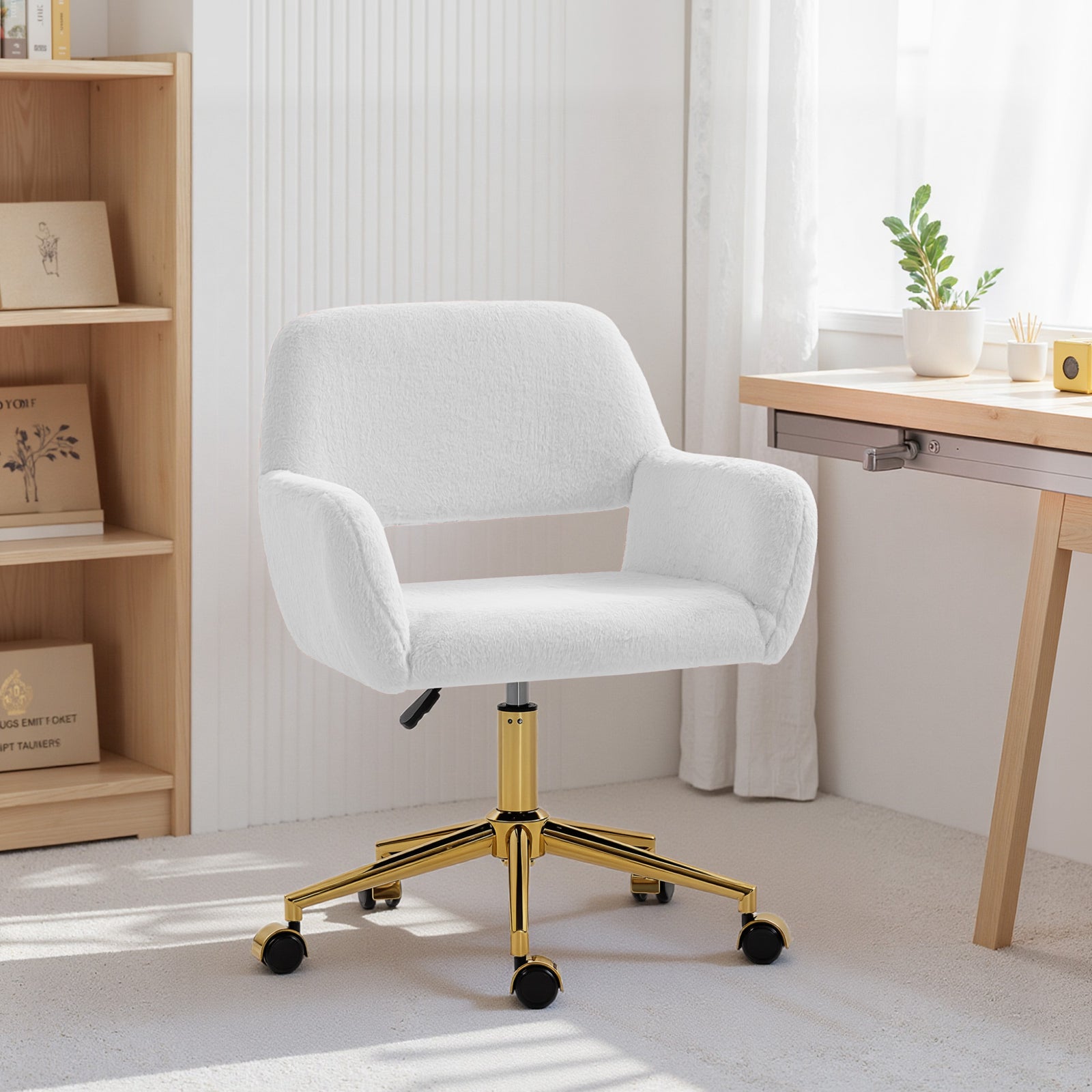 Swivel Office Chair, Vanity Desk Chair With Adjustable Height, Wheels | Cream