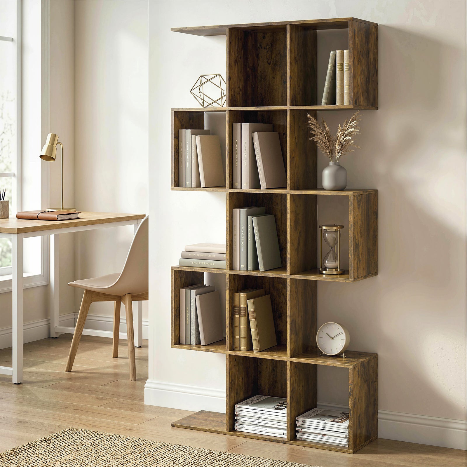 Geometric Bookshelf, 5-tier S Shaped Bookcase | Rustic Brown
