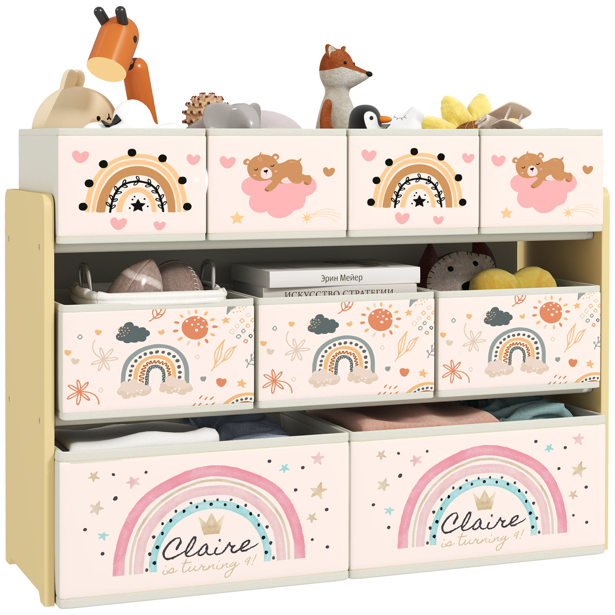 3-tier Toy Organiser Shelf With 9 Storage Boxes For Bedroom | Yellow