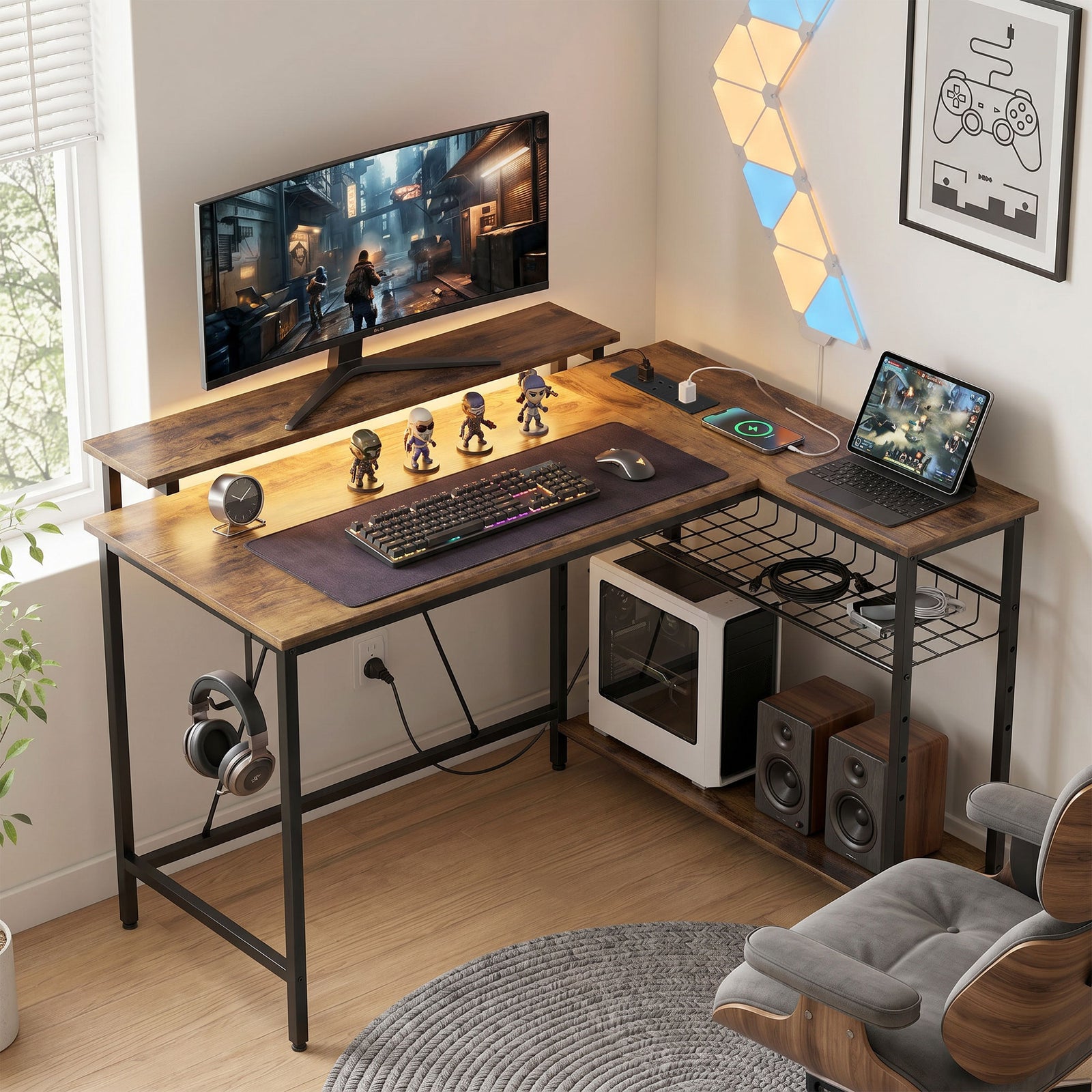 L Shaped Desk With Led Lights And Storage | Rustic Brown