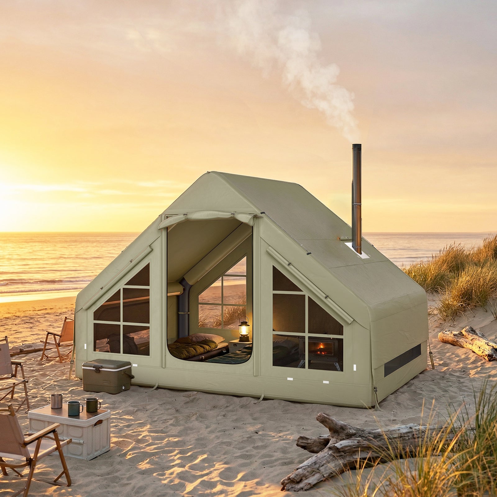 Inflatable Camping Tent With Pump, 2-4 Person Glamping Tent | Green