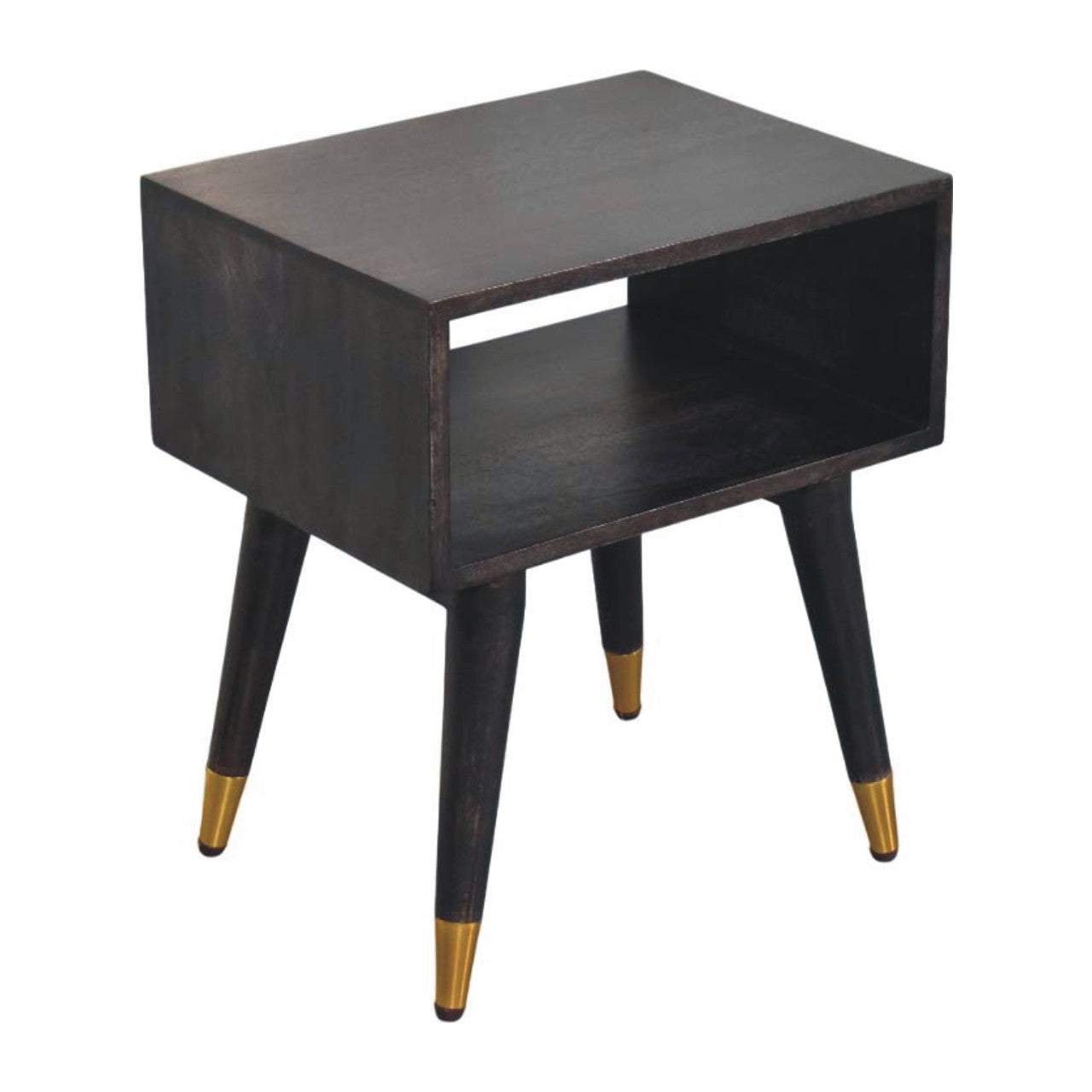 Solid Wood Mid-century Open Bedside, Open Shelf, Black