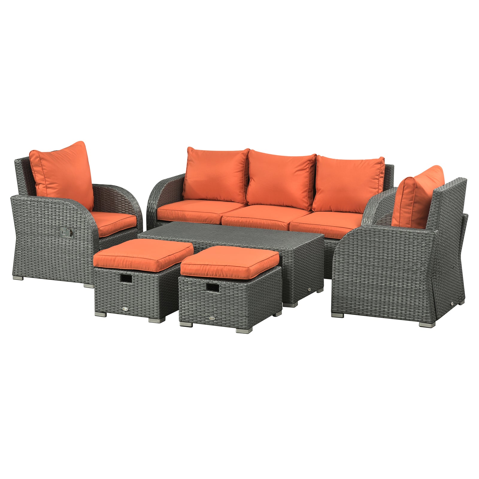 Cushioned Rattan Wicker Sofa, Recliner, Footstool, Table Set | Orange