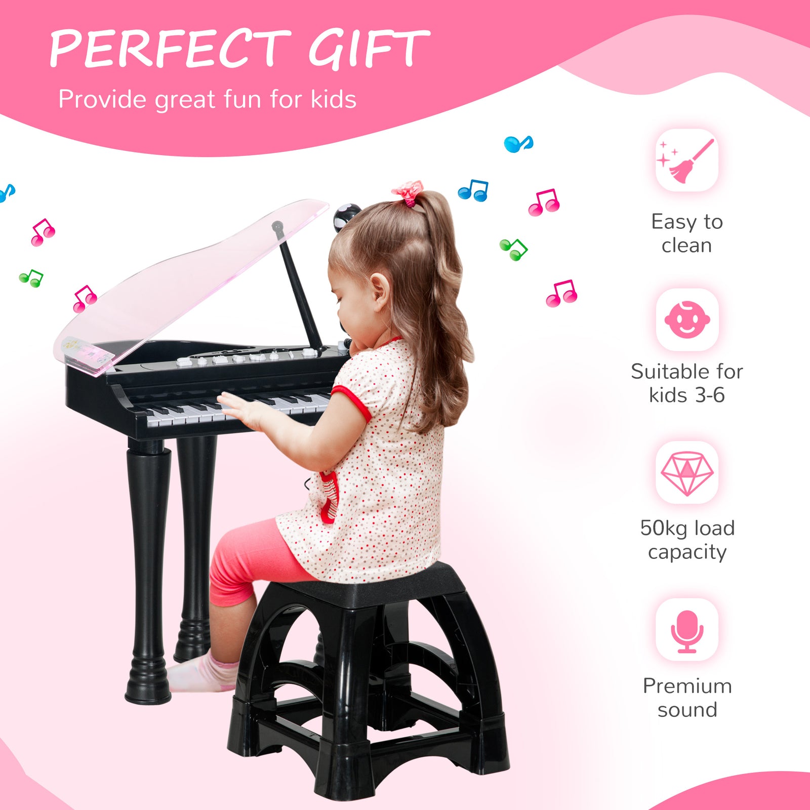 32 Keys Kids Piano Keyboard With Stool, Lights, Microphone | Black