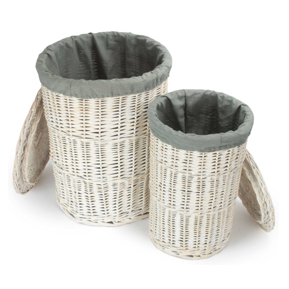 Round White Wash Laundry Hamper With Grey Sage Lining | Small