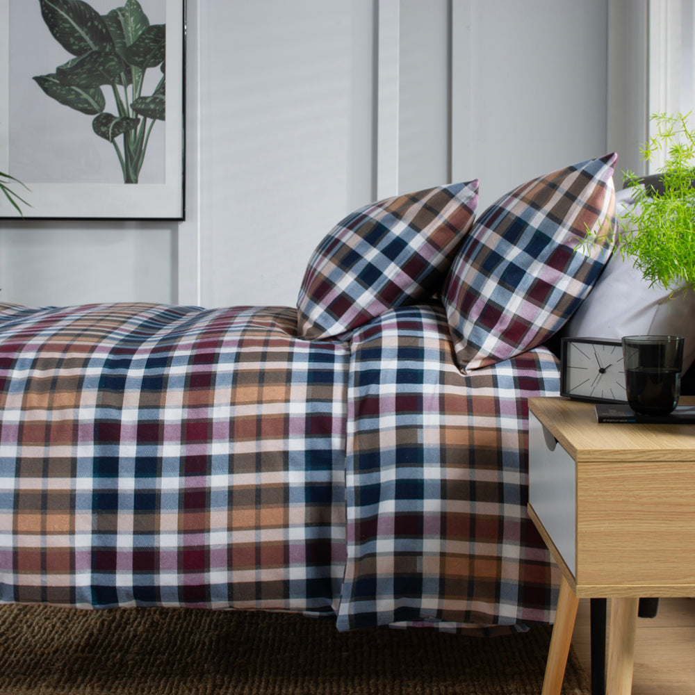 Newbury Check Printed Brushed 100% Cotton Bedlinen Duvet Set | Super King | Tan