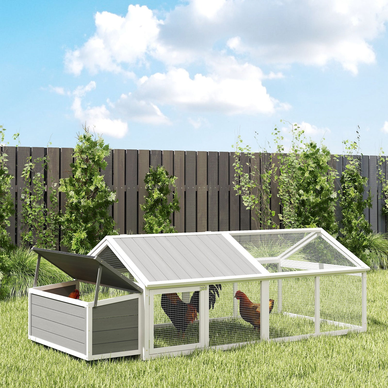 Wooden Chicken Run With Nesting Box, Openable Roof, For 4-8 Chickens | White