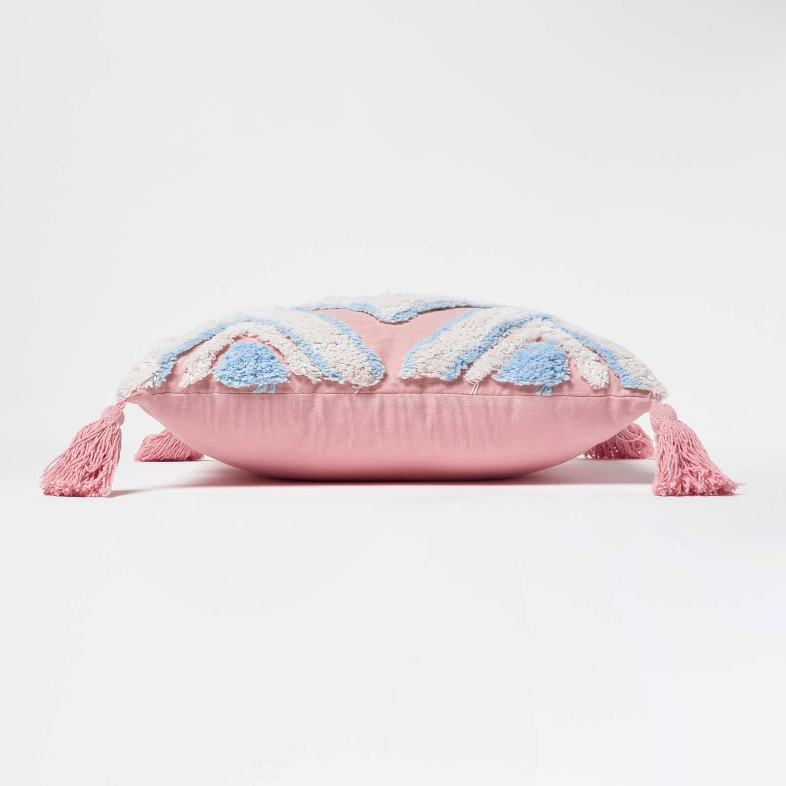 Geometric Ikat Tufted Cotton Cushion With Tassels | 45cm x 45cm | Blue & White