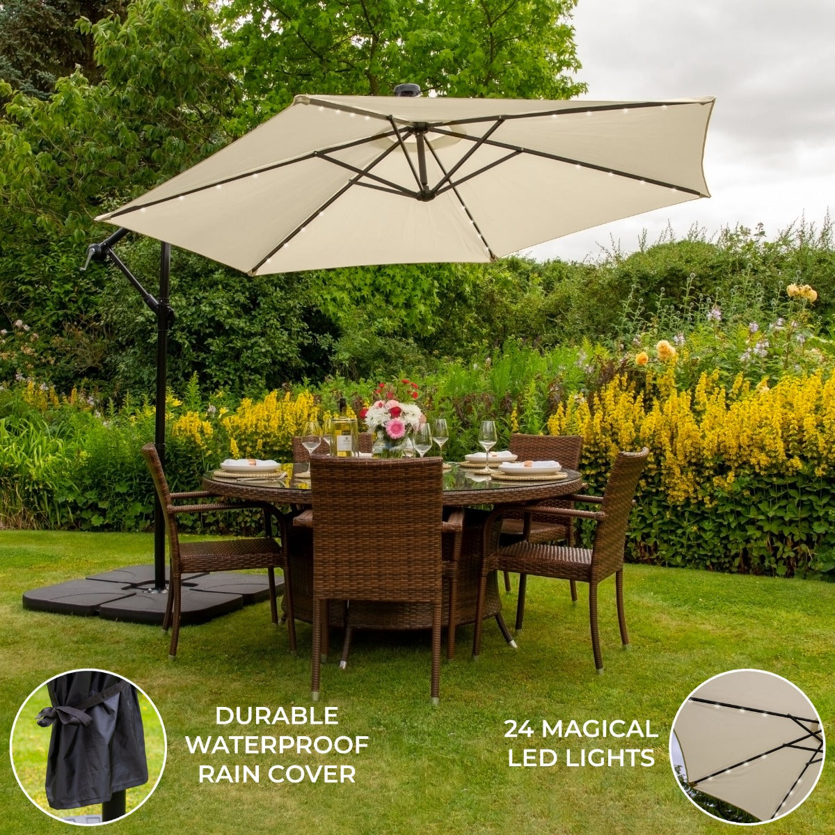 3m Led Cantilever Parasol With Plain Base | Cream