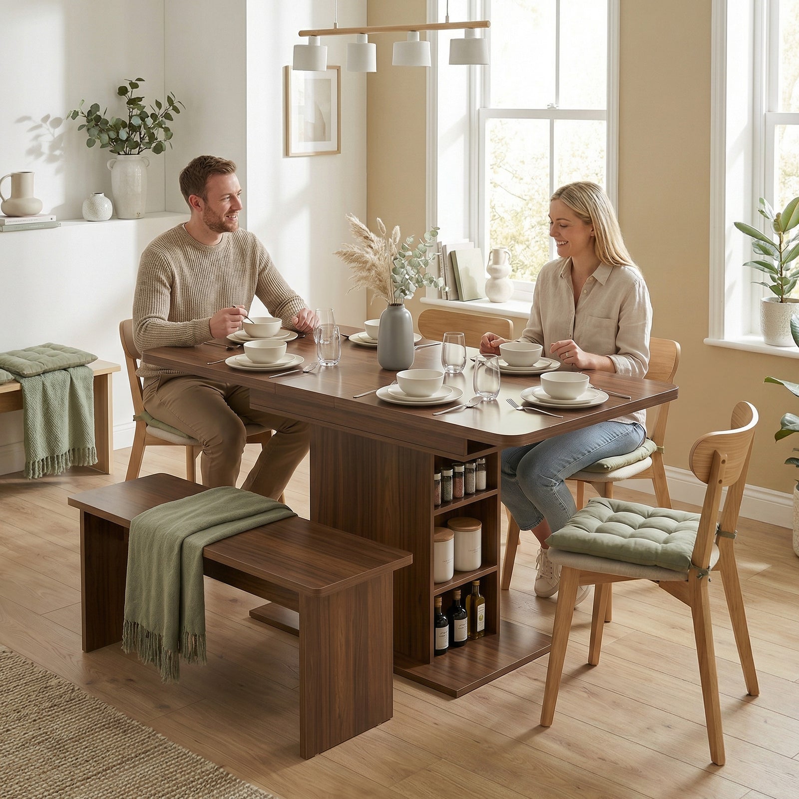 Extendable Dining Table For 4-6, Kitchen Table With Shelves | Brown