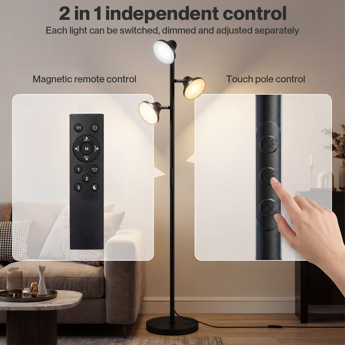 Emitto Floor Lamp, 3-light Dimmable Standing Lamp, Remote Touch, Black