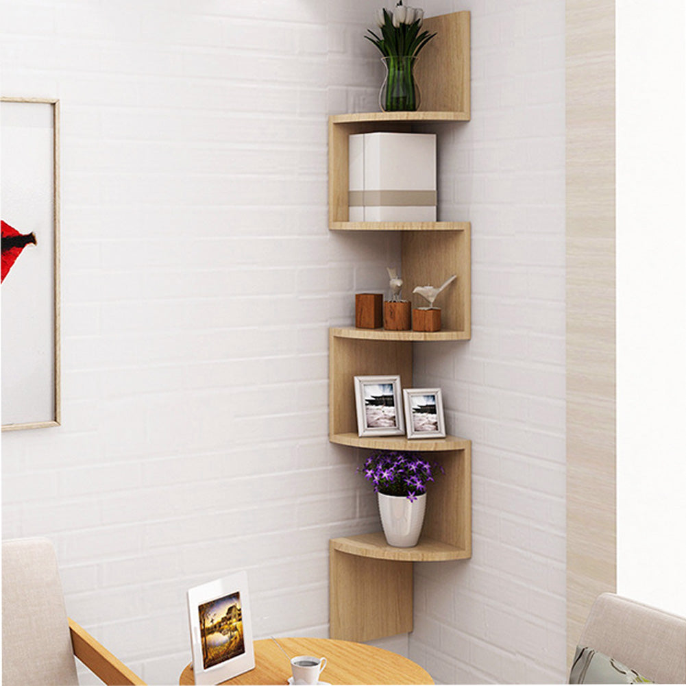 3/5-tier Wooden Floating Corner Shelf Wall Mounted Tiered Zigzag Corner Shelves | Large | Brown