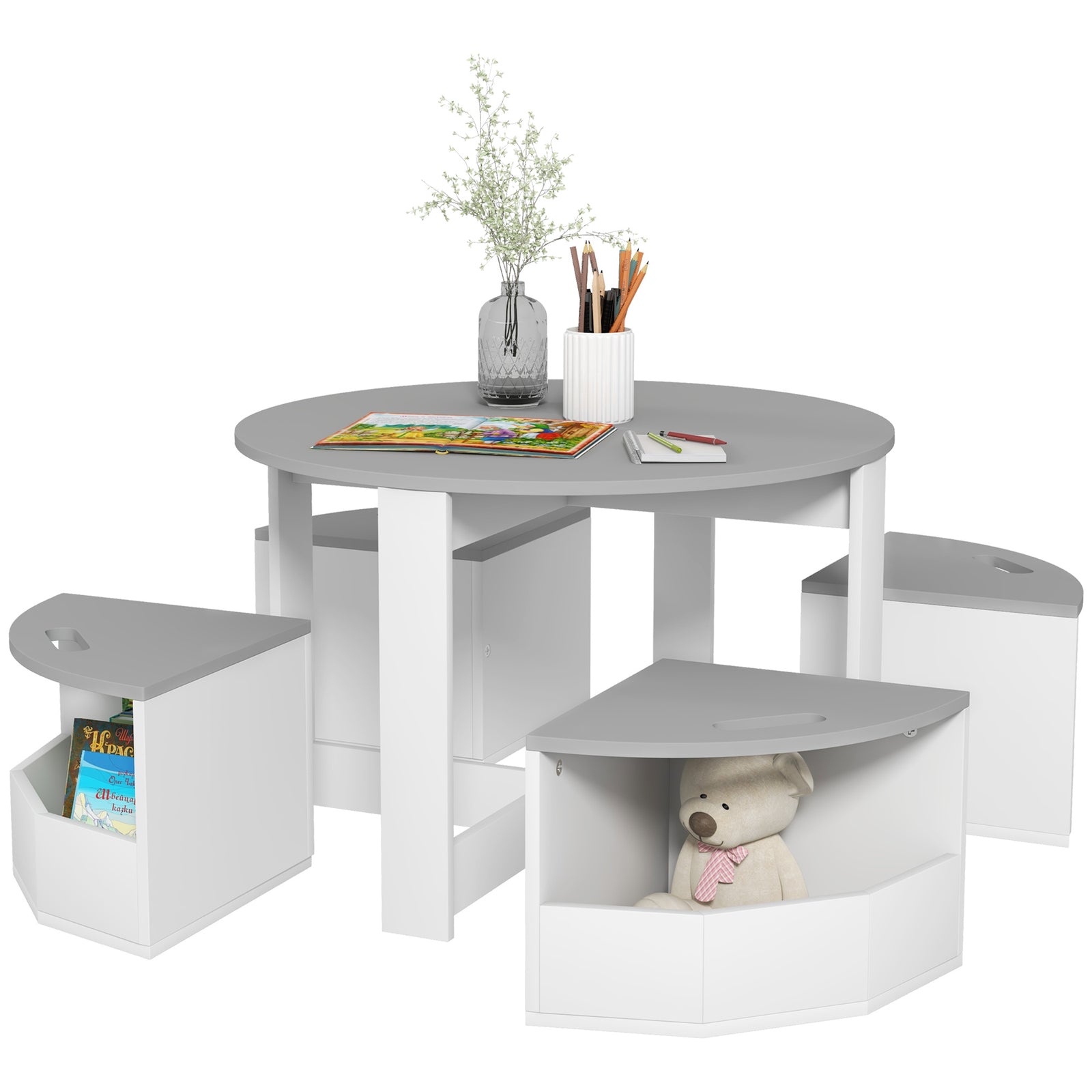 5-piece Kids Table And Chairs Set With Storage For Toddler 3-8 Years Old | Grey