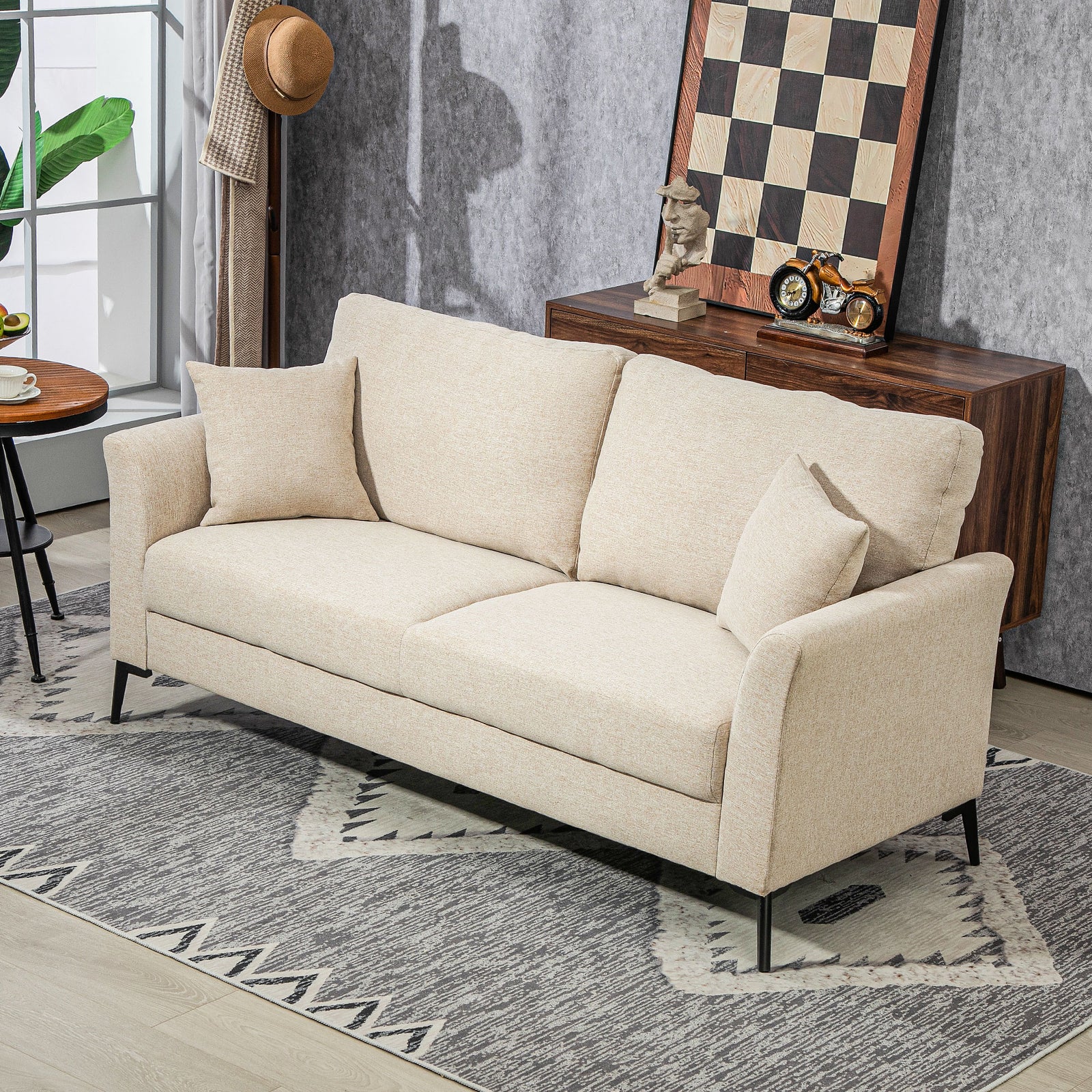 Linen Fabric Modern Sofa, Wood Frame, Beige
