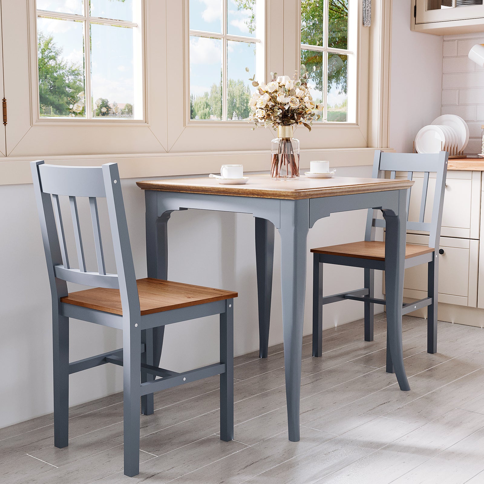 Pine Wood Dining Chairs Set Of 2 W/ Slat Back