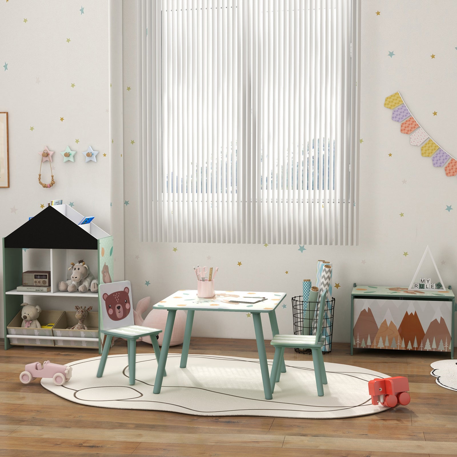 Kids Table And Chairs, Children Desk With 2 Chairs | Green