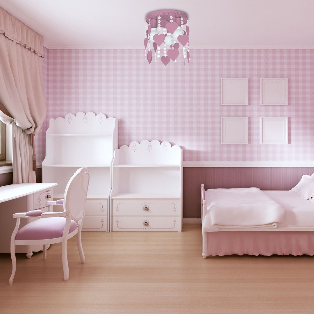 Corazon Pink Ceiling Lamp 3xe27 Delightful Hand Made Bedroom Centrepiece In Baby Pink With Hearts And Crystals