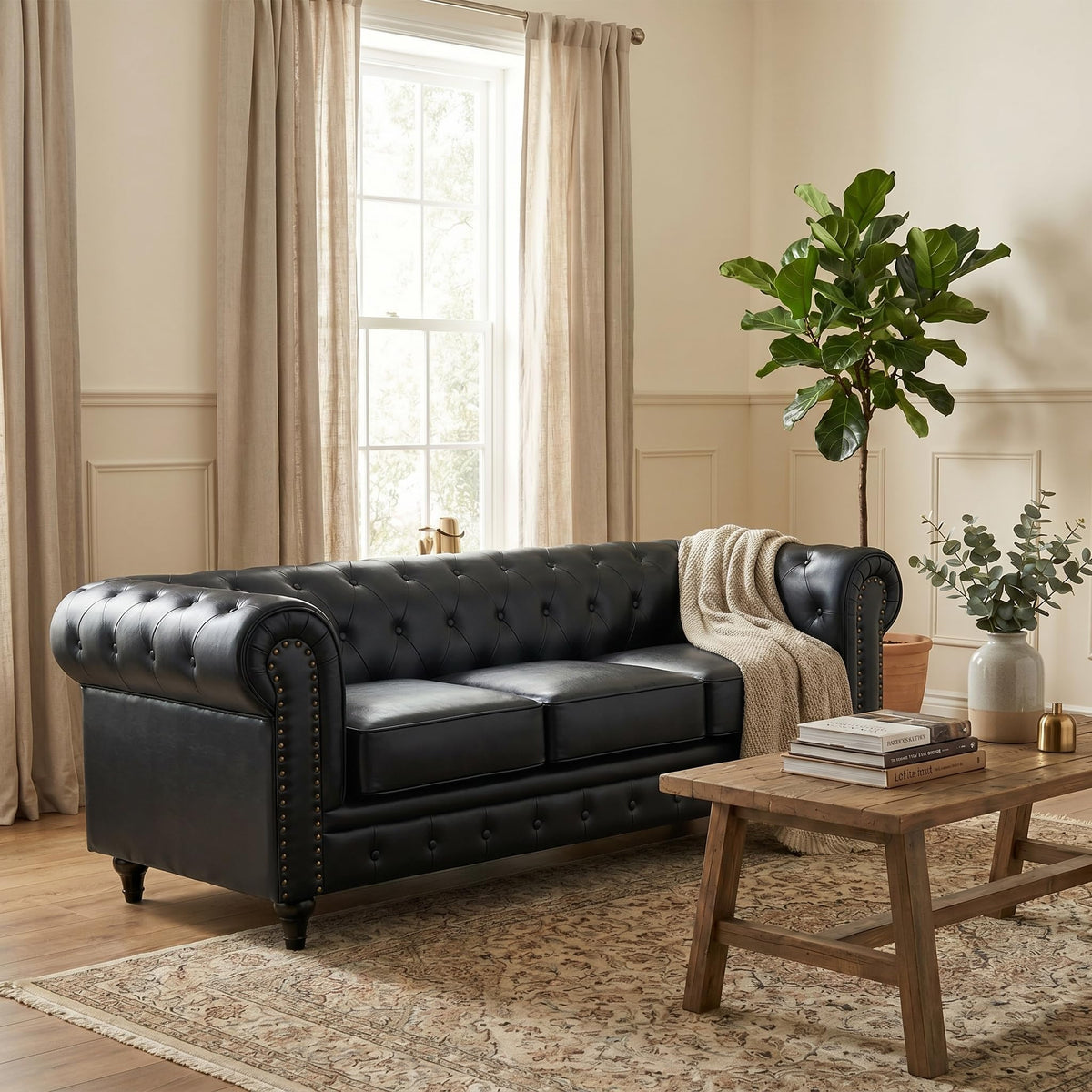 Chesterfield Scroll Arm Faux Leather Sofa 3 Seater | Black