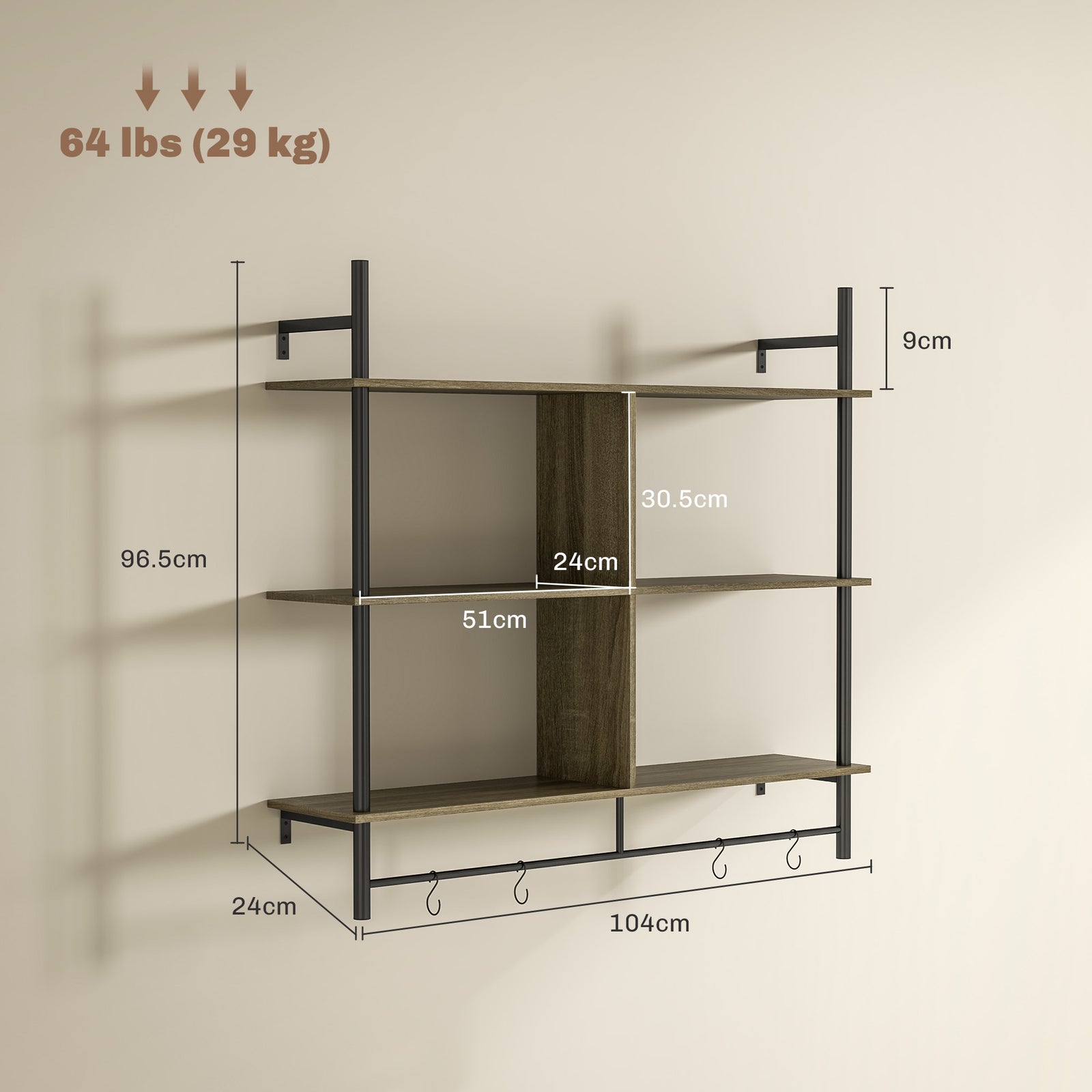 Wall Shelf Unit With 4 Hooks For Living Room | One Size