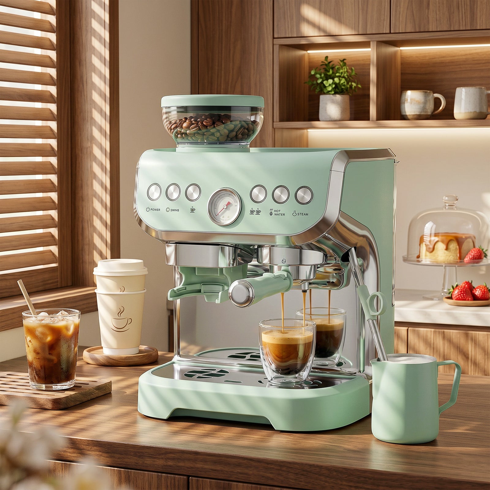 Espresso Machine, Bean Grinder & Steam Wand, 15 Bar Pressure | Light Green