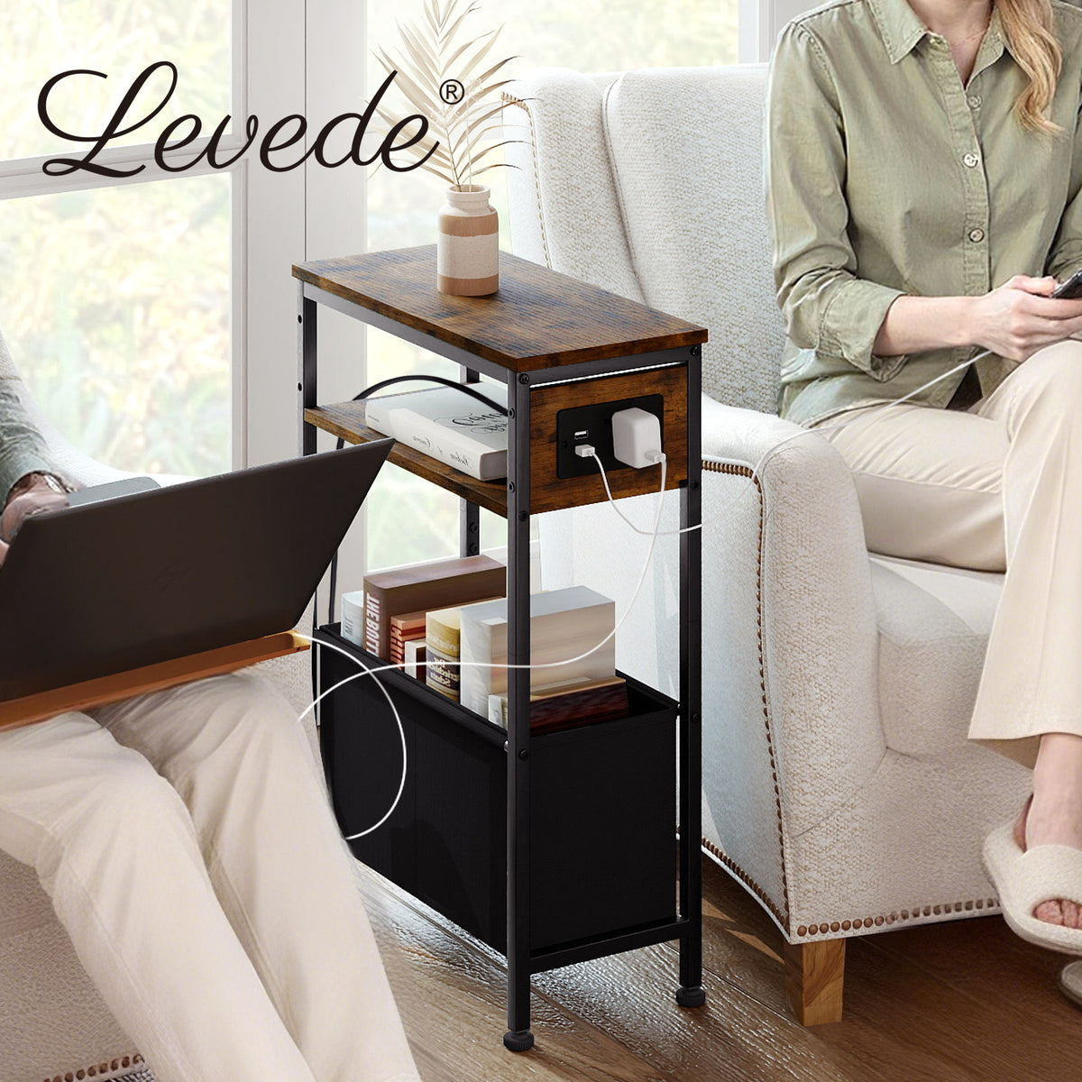 Levede Slim Side Table With Charging Station Storage Narrow End Table Sofa Living Room