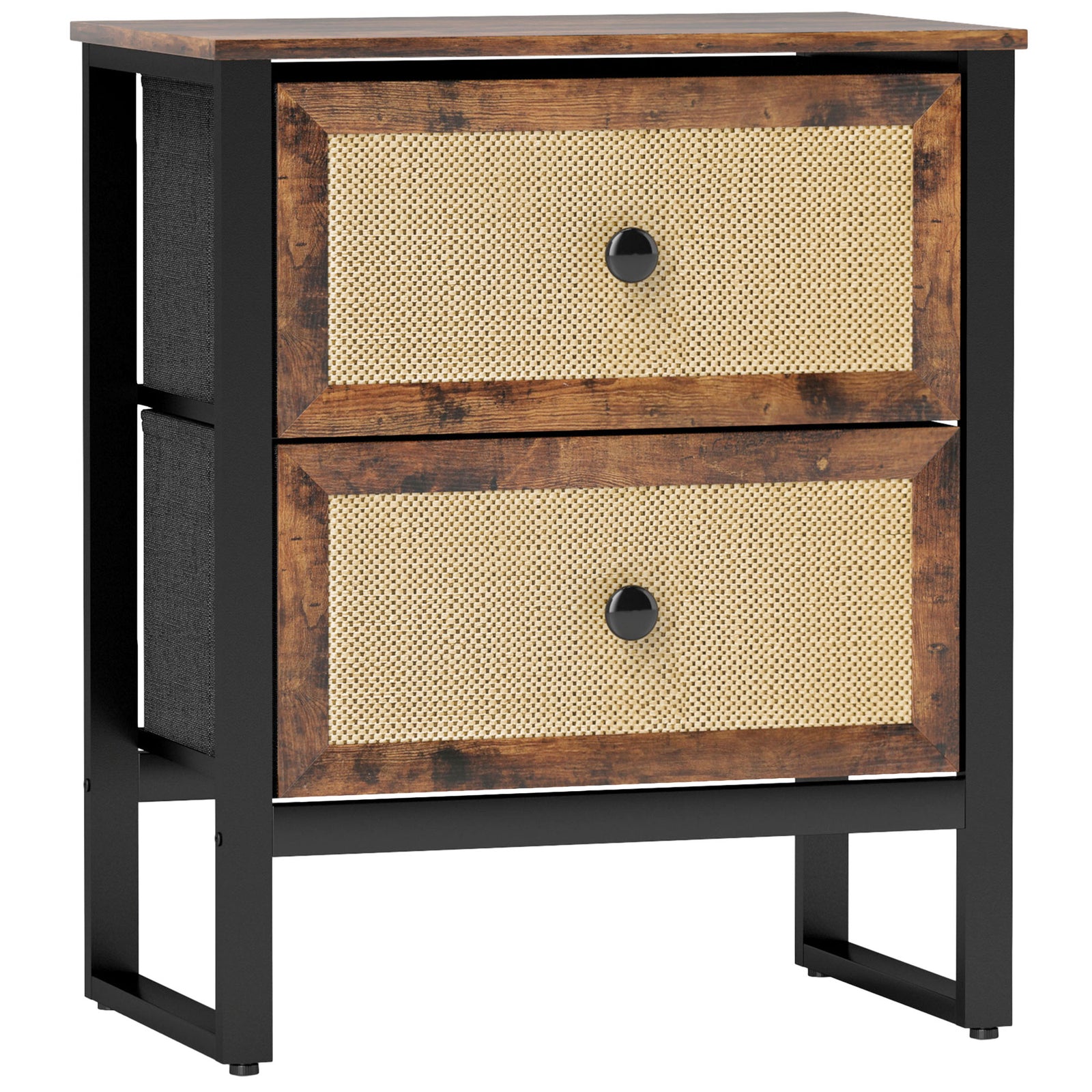 Bedside Table With 2 Rattan Drawers, Rustic Brown