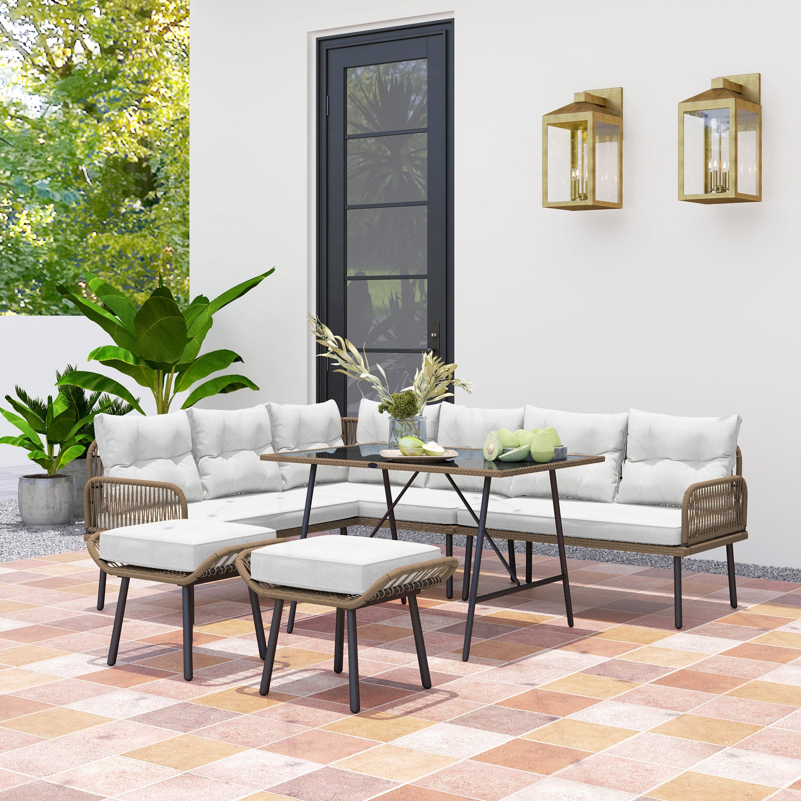 Sectional Outdoor Furniture With Glass Top Table Cream White