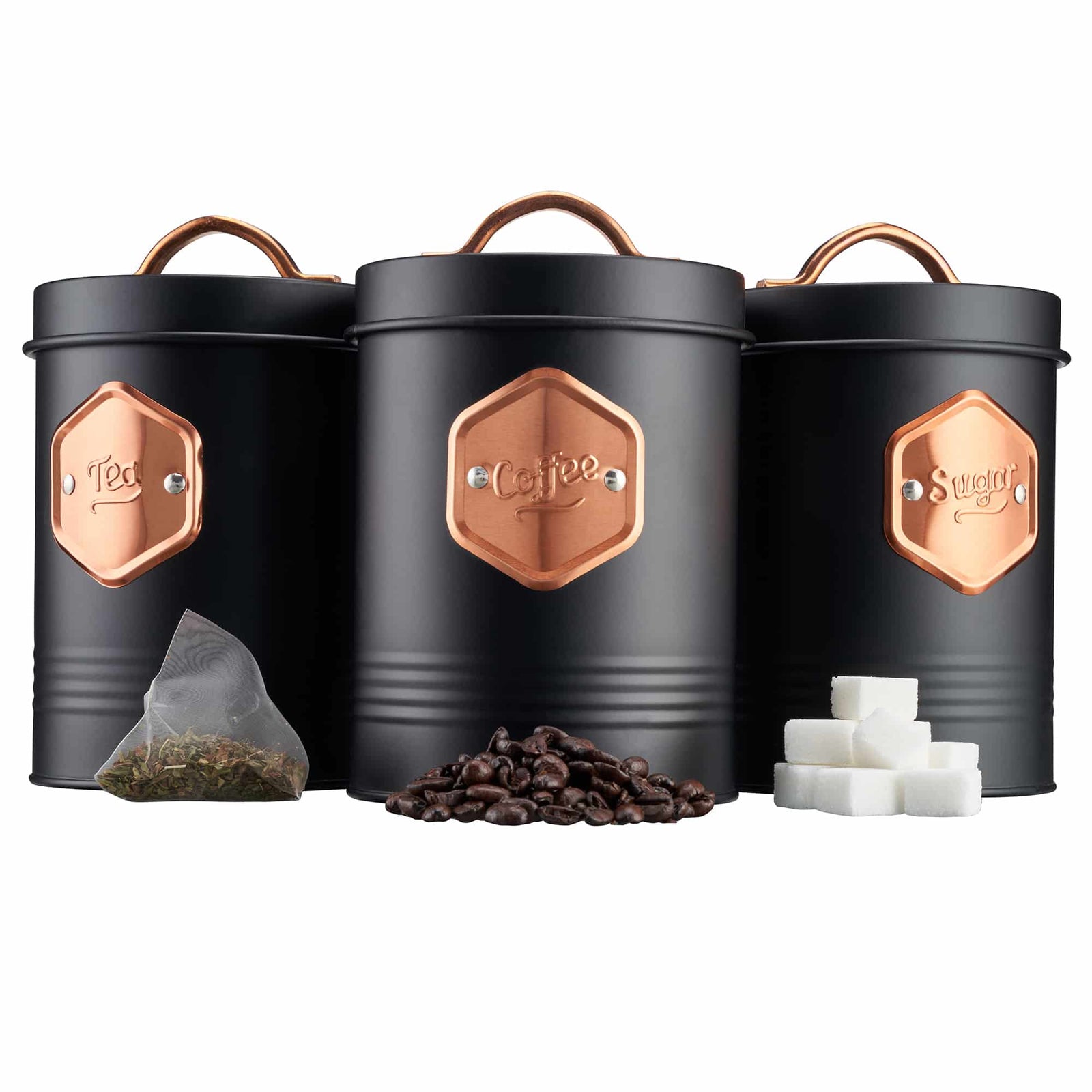 Tea Coffee & Sugar Canisters Bin Jar Storage 3pc Black/copper | Copper