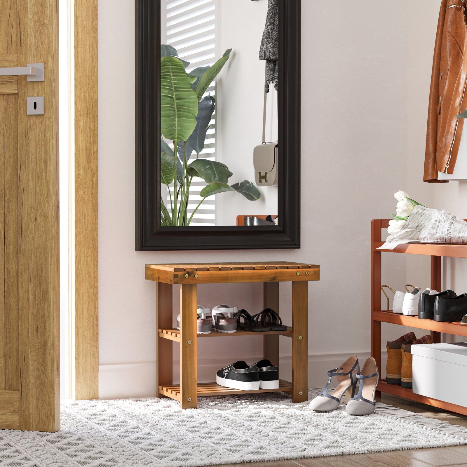 3-tier Shoe Rack Bench Acacia Wood Shoe Storage Organizer