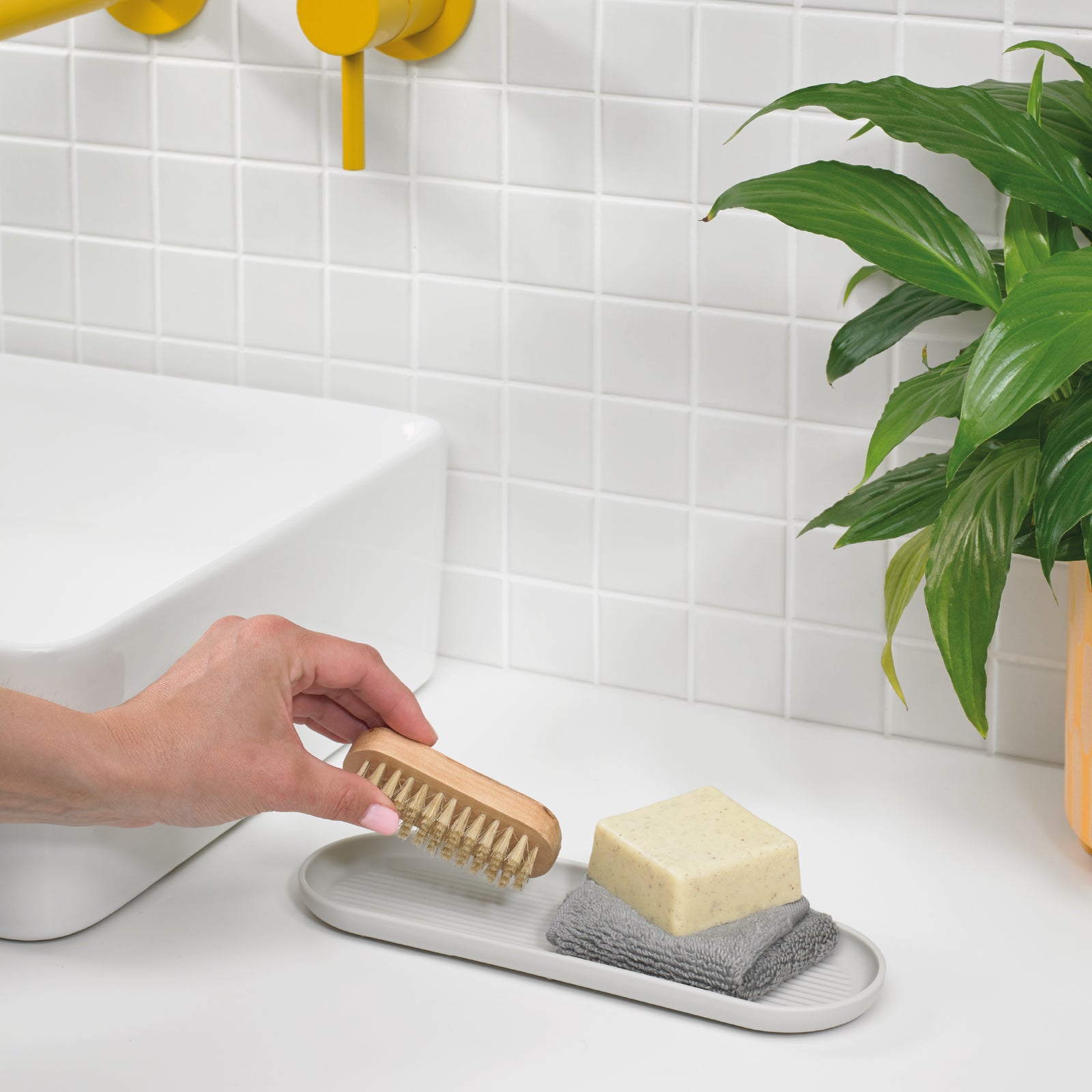 Recycled Bathroom Tray - Replaceable head that is screwed in - Closed fit storage cover - Made in the UK | Stone