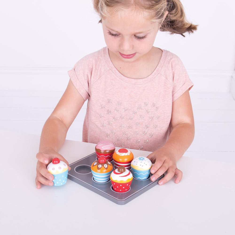 Tray Of 6 Wooden Muffins, Pretend Play Toys