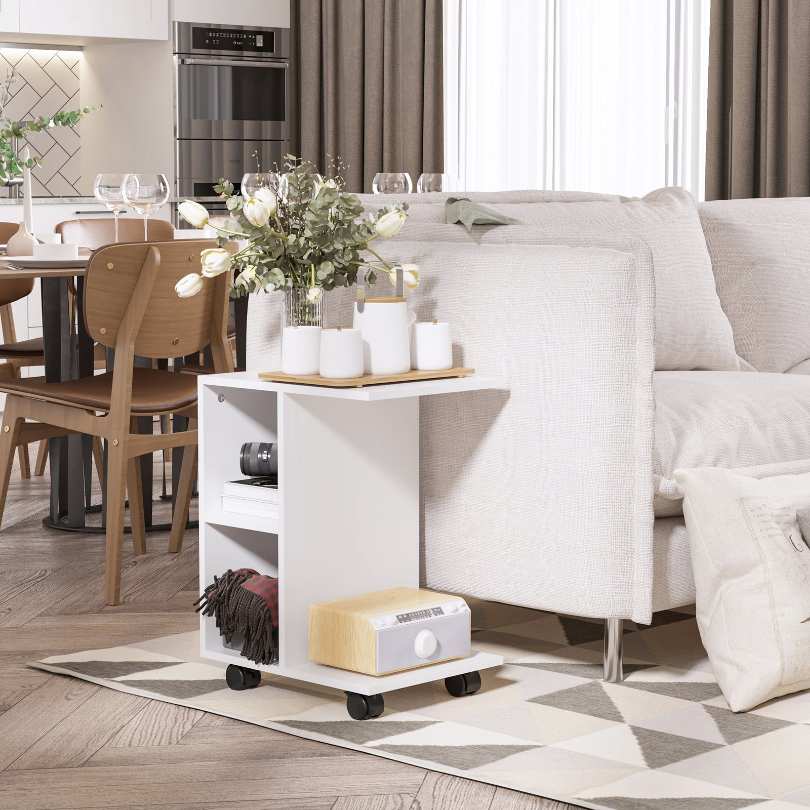 End Table Unique Storage Unit W/ 2 Shelves 4 Wheels Home | Jet Black