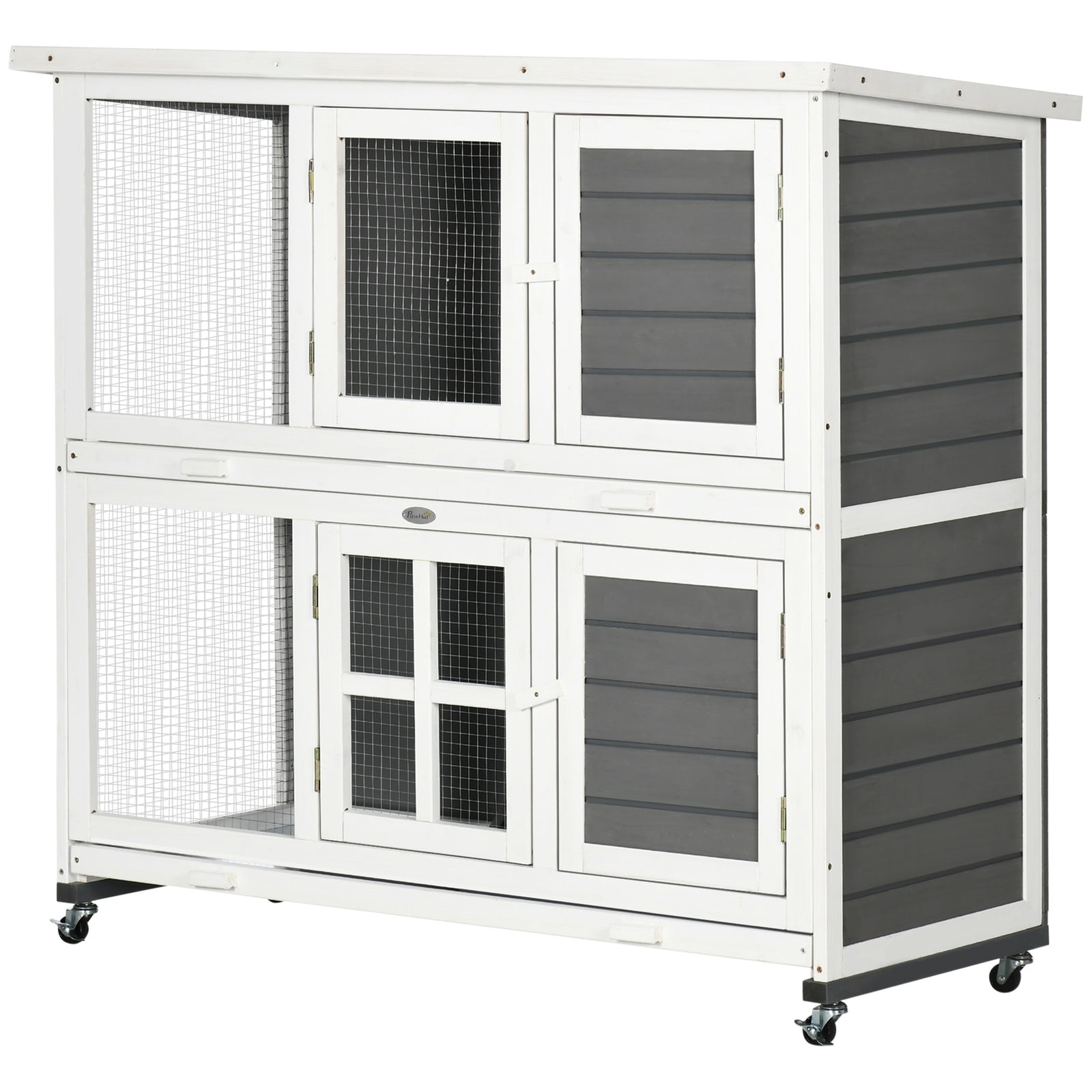 Wooden Rabbit Hutch, Small Animal House W/ Wheels, Removable Tray, Grey