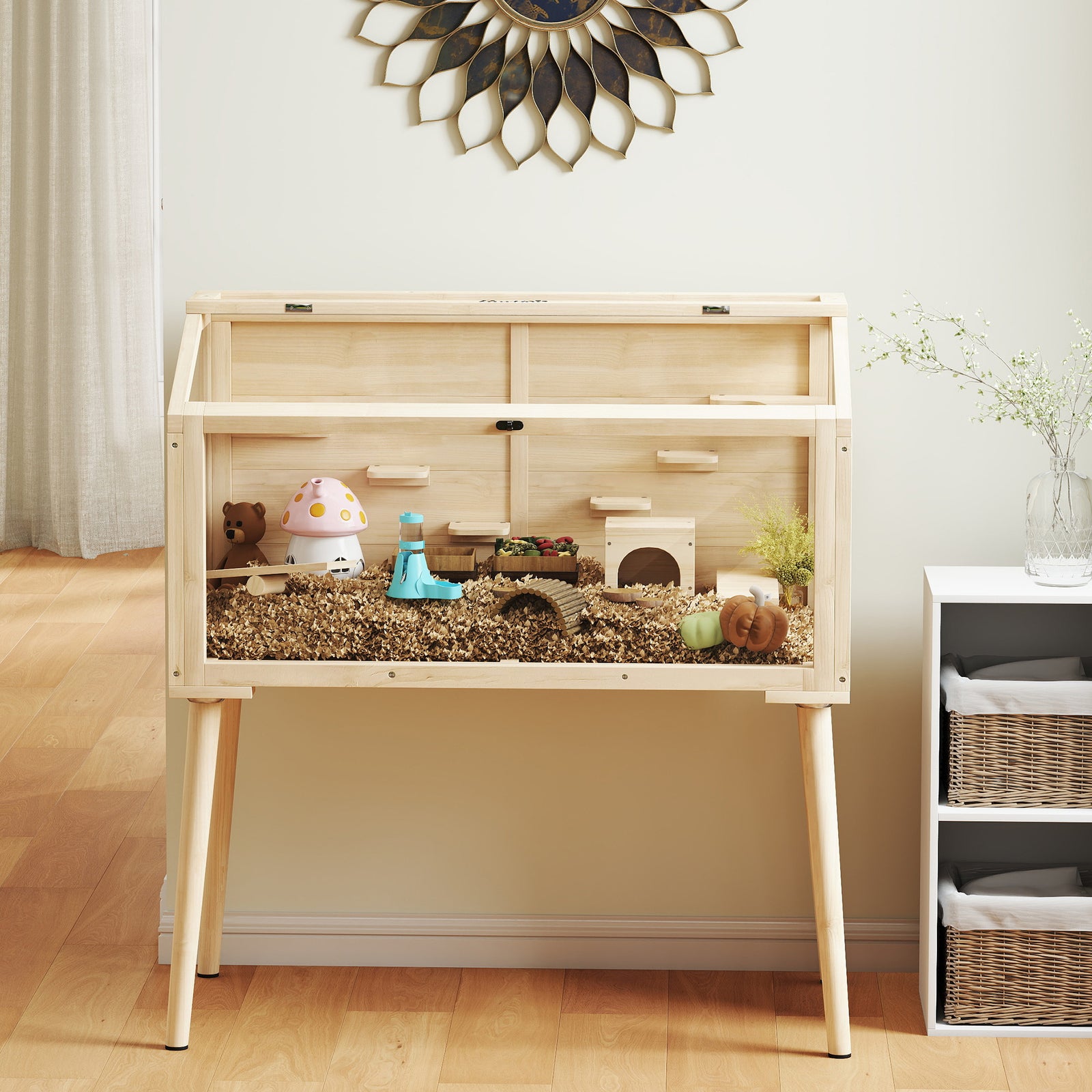 Wooden Hamster Cage, Gerbils Cage With Openable Top And Seesaws