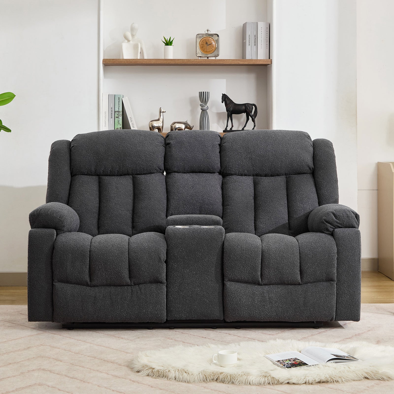 Lovell 2 Seat Manual Recliner Sofa With Central Console | Dark Grey