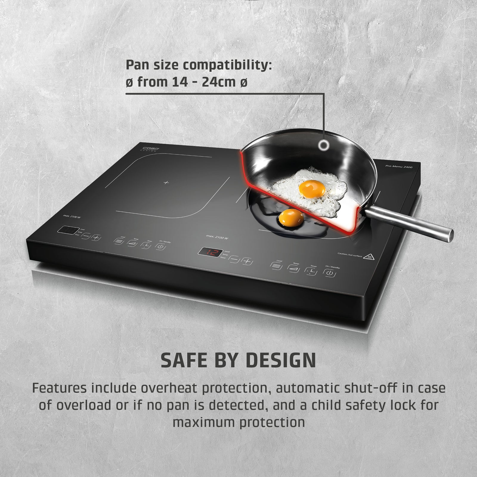 CASO Design Promenu 2400 Portable Induction Hob, Double Electric Hob With 12 Power Levels Up To 240°c