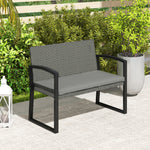 2 Seater Rattan Garden Bench With Cushion, Steel Frame | Dark Gray