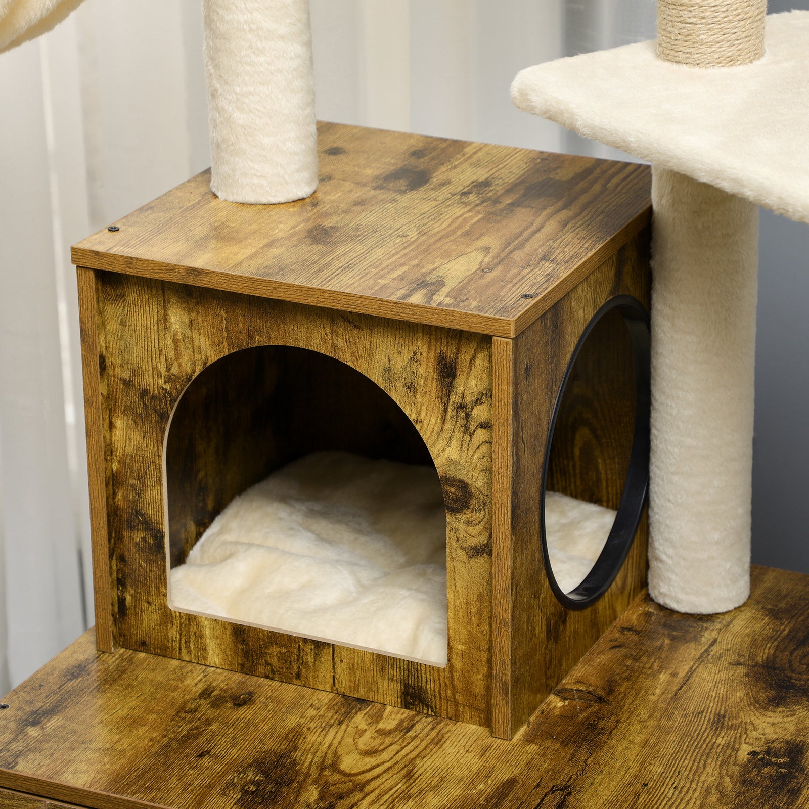 Litter Box Enclosure With Cat Tree Tower, Hammock, Cushion