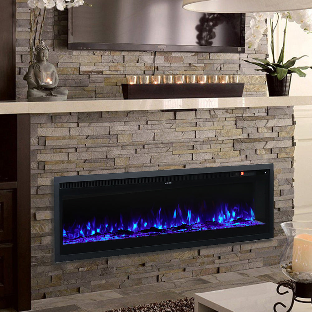 50/60-inch 3-in-1 Electric Fireplace, Wall Mounted / Recessed / Freestanding, Tempered Glass Panel, 12 Flame Colors, 5 Brightness Levels, Timer & Remote Control | Large | Black