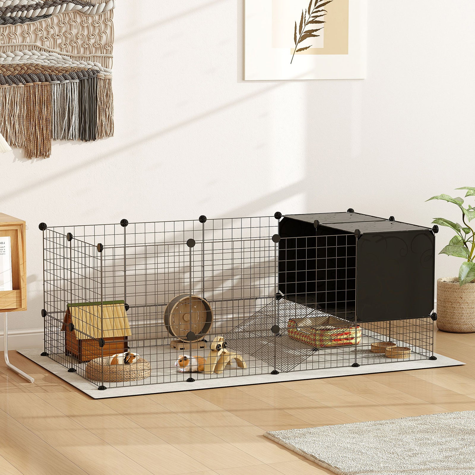 Pawhut Diy Small Animal Cage W/ Elevated Huts For Guinea Pigs, Rabbits