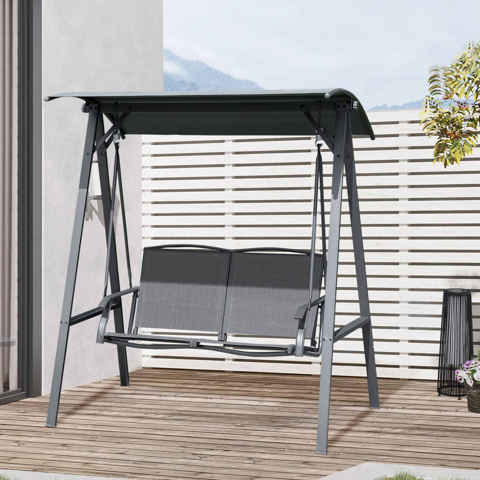 2 Seater Garden Swing Chair Outdoor Canopy Swing W/ Shade | Dark Gray