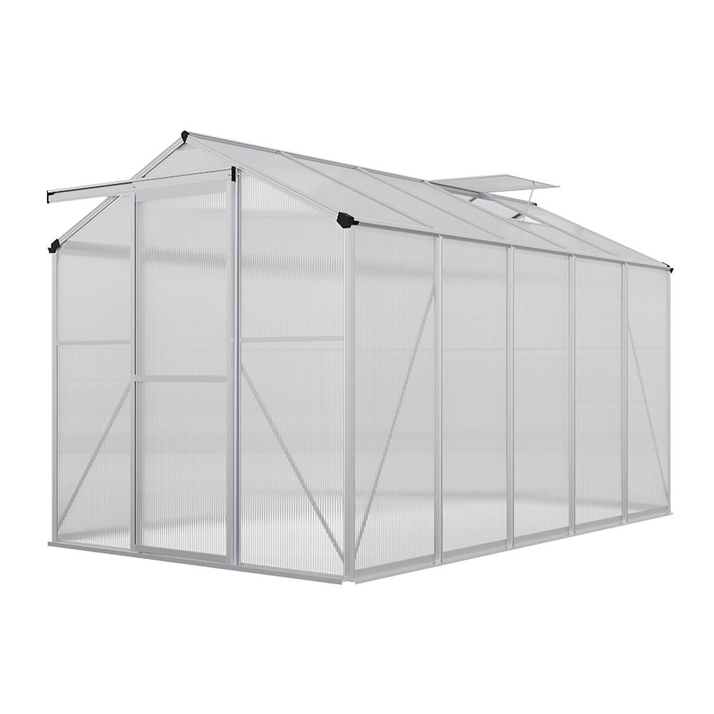 Polycarbonate Greenhouse– Aluminum Frame Walk-in Greenhouse With Sliding Door & 2 Ventilation Window For Plants & Flowers | White
