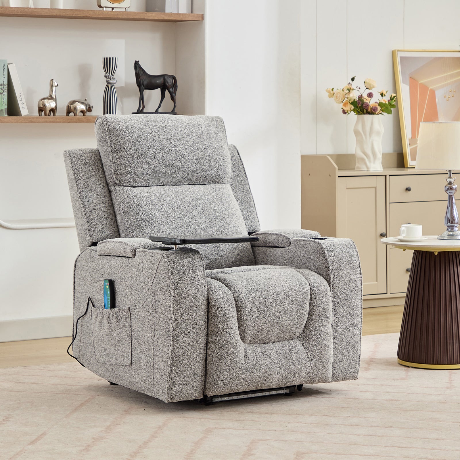 Cowley Electric Riser Recliner Chair With Massage And Heat, Drink Cooler, Table | Light Grey