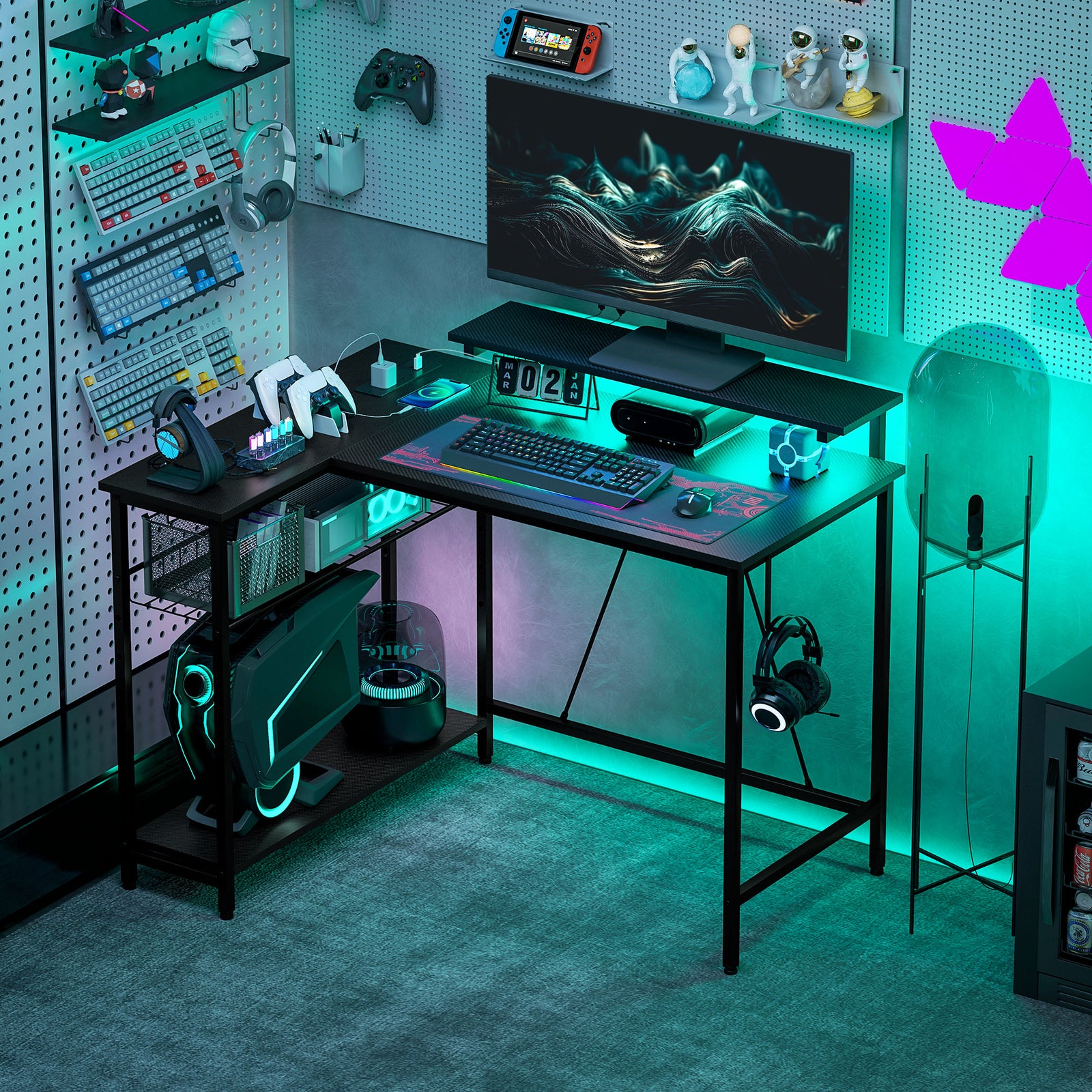 L Shaped Desk With Led Lights, Reversible Corner