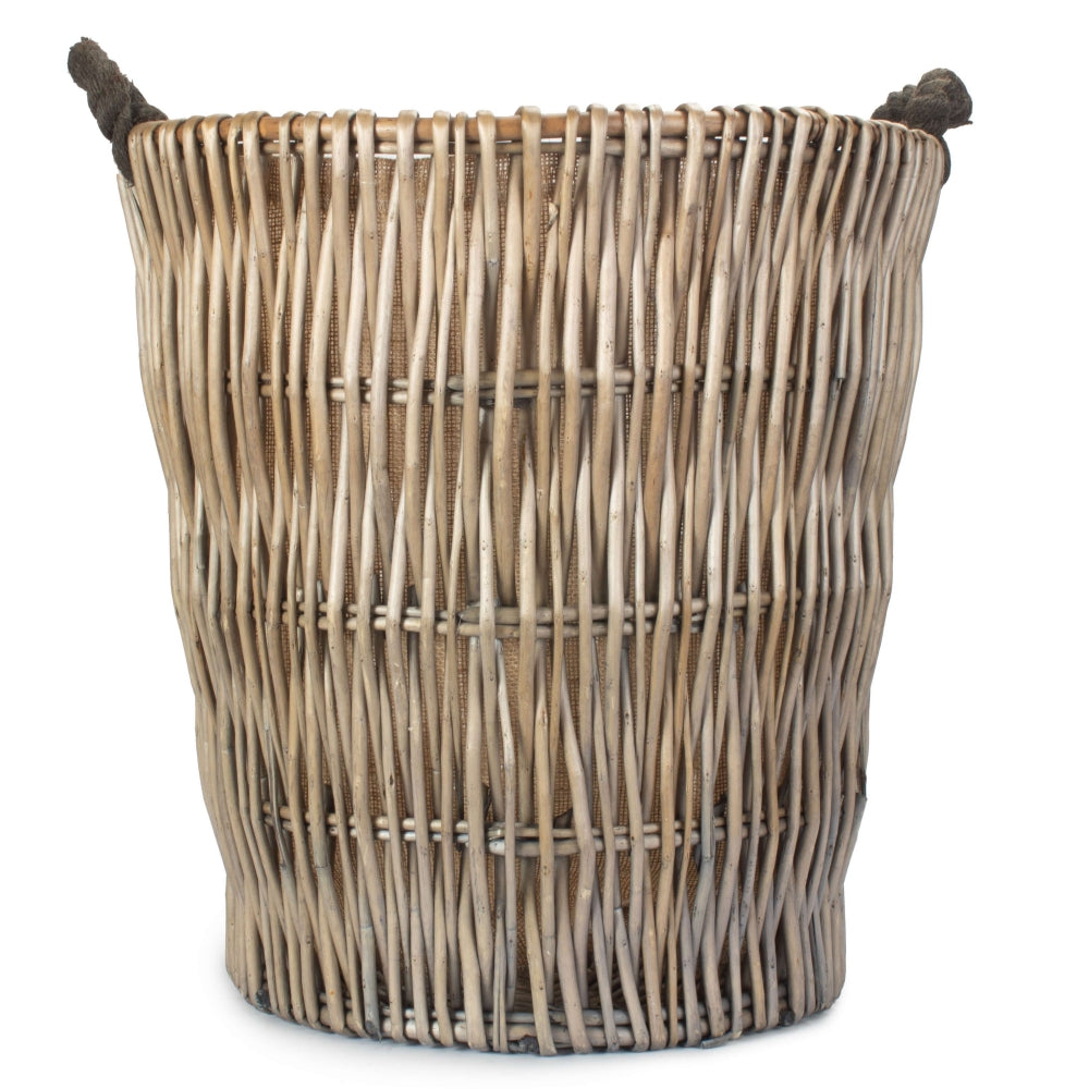 Wicker Tall Grey Round Hessian Lined Log Basket
